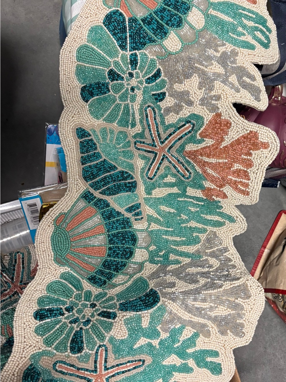Beaded Sea Life table top decor runner in Teal, Coral & Cream